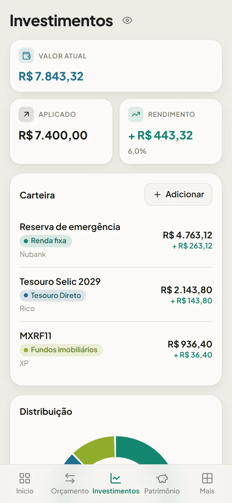 Tela de investimentos do Bolsso