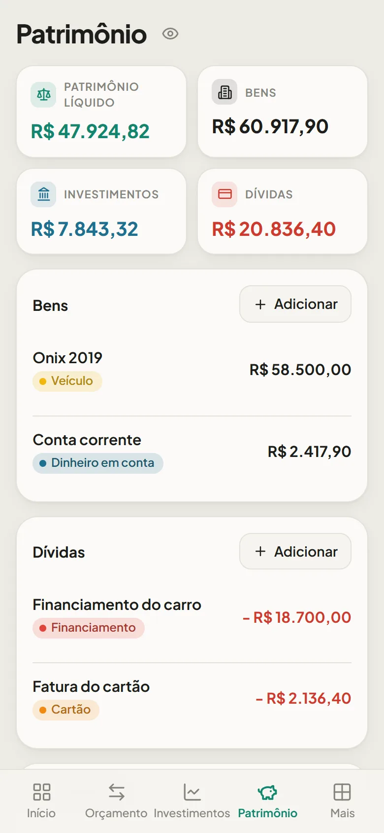 Tela de patrimônio do Bolsso com bens, dívidas e patrimônio líquido